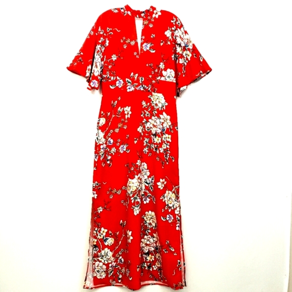 Nwot Truth & Fable Red Multicolor Floral Flutter Sleeve Maxidress - Picture 14 of 14